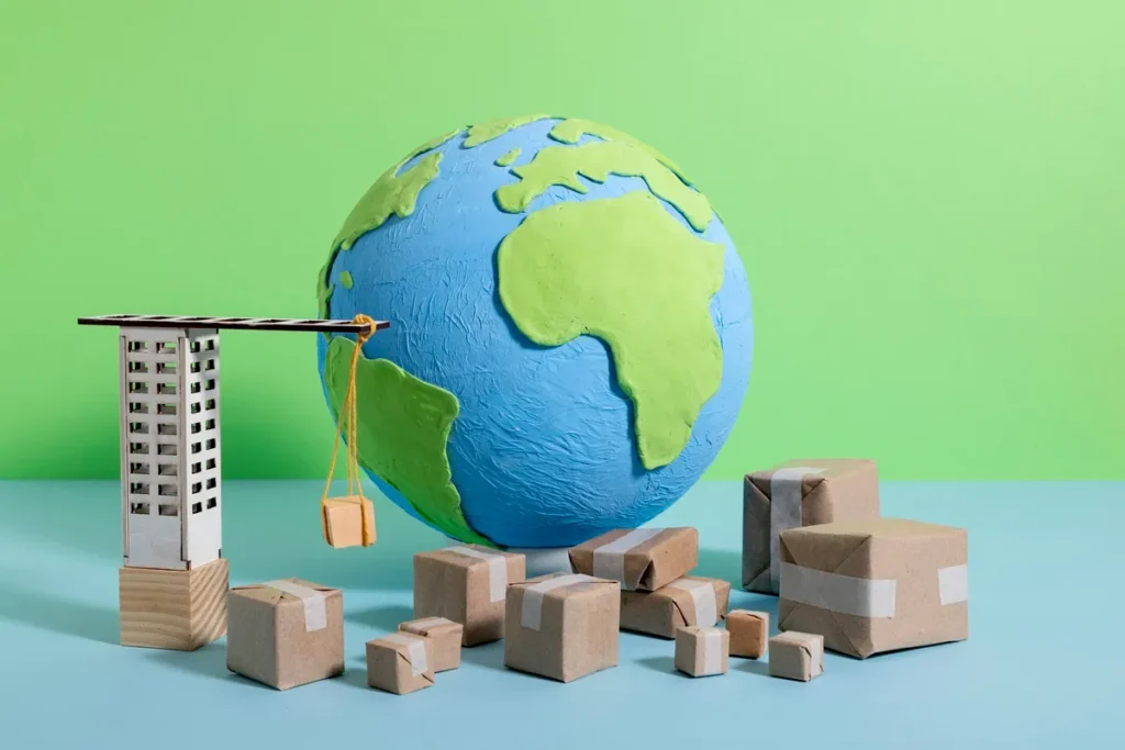 Modelo de logística verde, com um globo terrestre e caixas de papelão, simbolizando o transporte sustentável de mercadorias.
