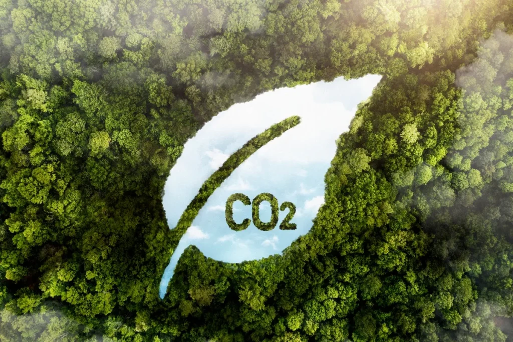 Imagem aérea de uma floresta com uma forma de folha cortada que forma a palavra "CO2" no centro, representando a redução de carbono e a preservação ambiental.