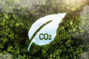 Imagem aérea de uma floresta com uma forma de folha cortada que forma a palavra "CO2" no centro, representando a redução de carbono e a preservação ambiental.