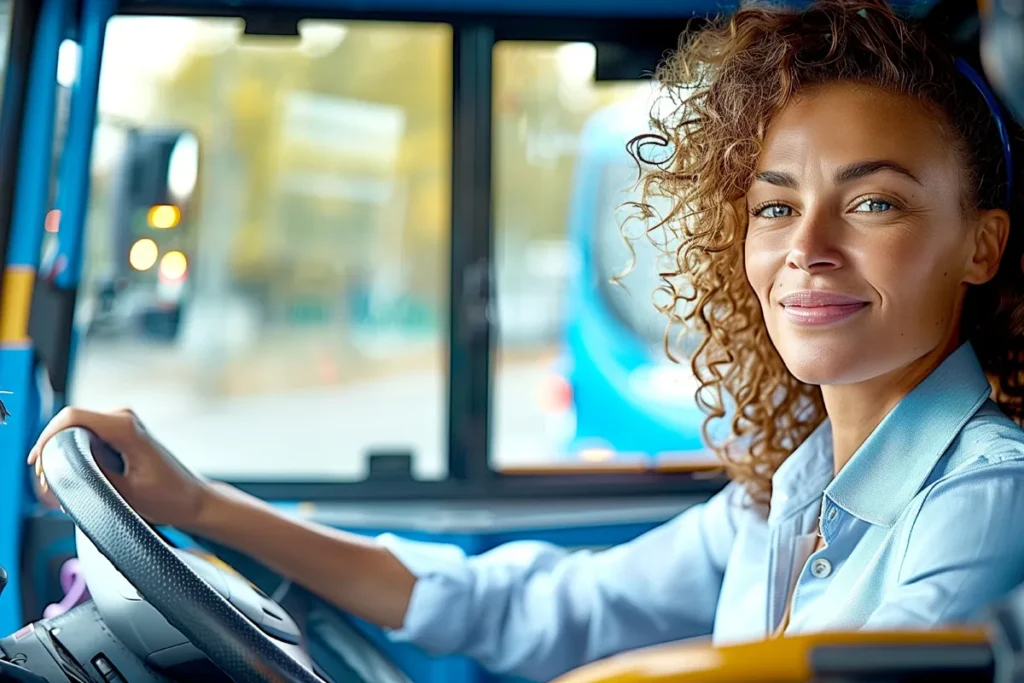 Mulher motorista de ônibus com cabelo cacheado sorrindo enquanto dirige, com fundo de ônibus em movimento