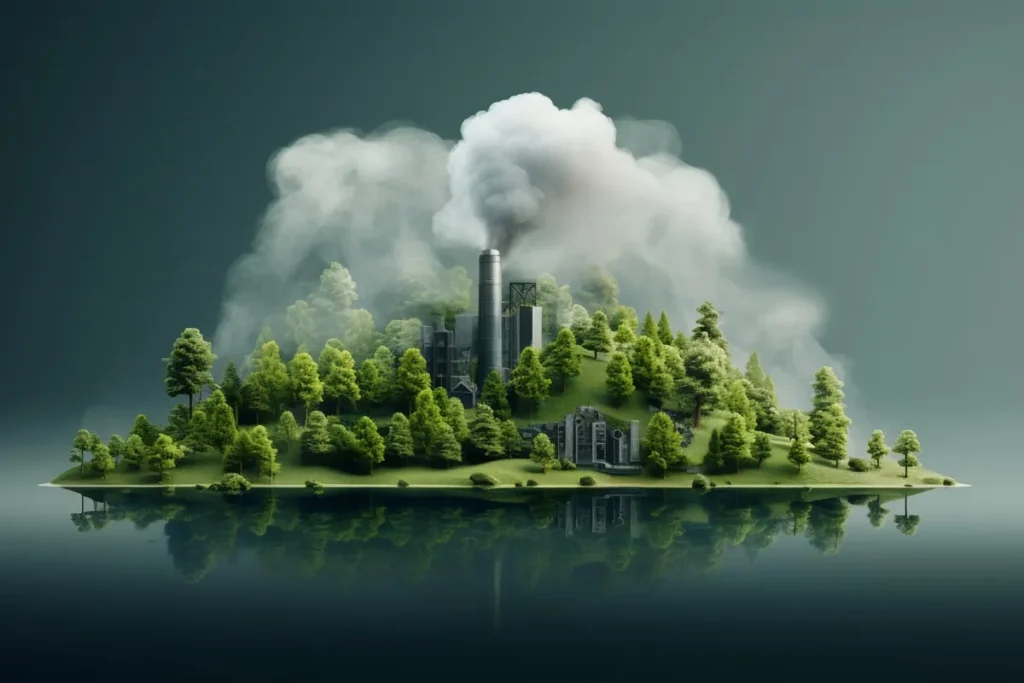 Imagem de uma fábrica em uma ilha com árvores ao redor, emitindo fumaça, simbolizando a poluição e emissão de carbono
