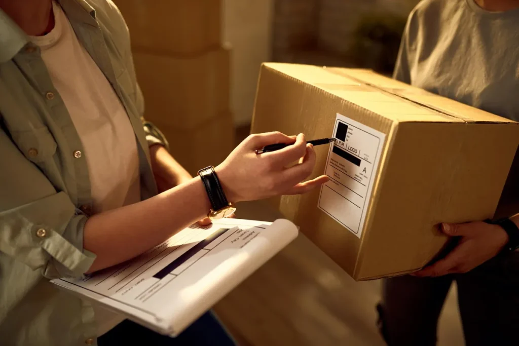 Pessoa conferindo e marcando etiqueta de envio em uma caixa de papelão durante processo de entrega.