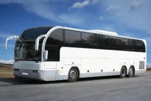 Ônibus executivo branco com janelas escurecidas estacionado numa estrada asfaltada, sob um céu azul com nuvens.