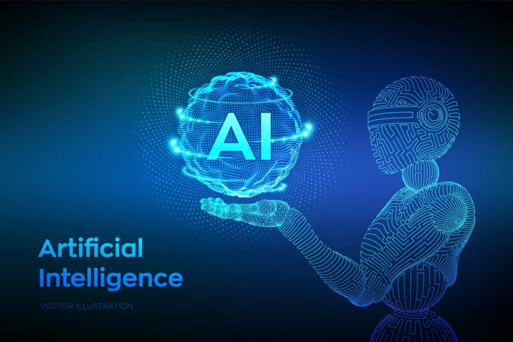 ustração digital de um robô futurista com braço estendido, segurando uma esfera de energia azul brilhante com as letras "AI" (Artificial Intelligence) no centro, simbolizando o poder e o avanço da inteligência artificial.