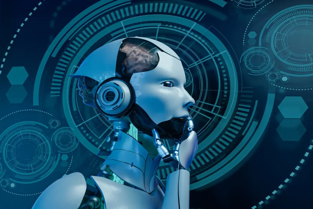 Close-up de um busto de robô com pele branca e detalhes metálicos, olhando pensativamente para o lado, com seu cérebro parcialmente visível e um fundo digital futurista de círculos e circuitos, simbolizando inteligência artificial e aprendizado de máquina.