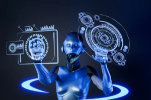 Robô humanoide azul e metálico interagindo com telas de interface de usuário holográficas, exibindo gráficos e elementos circulares futuristas, simbolizando o controle e a análise de dados por inteligência artificial.