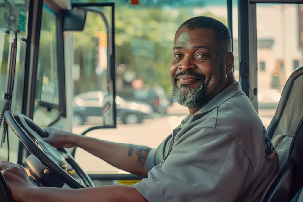 Motorista profissional sorrindo ao volante — impacto da Lei do Motorista na jornada de trabalho
