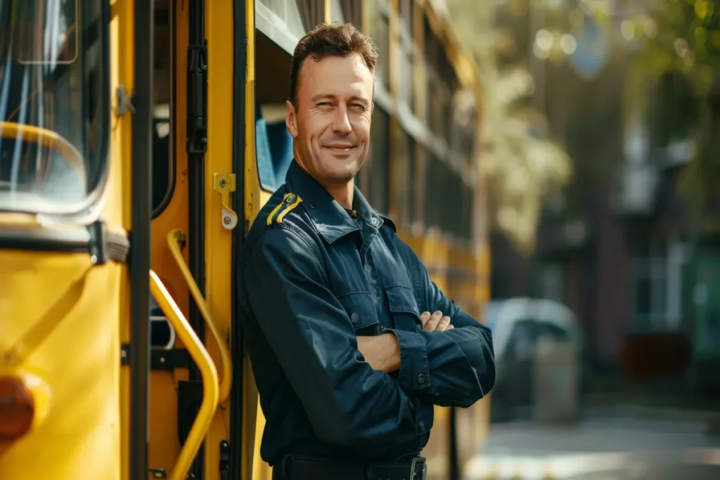 Lei do Motorista, motorista de ônibus loiro de meia-idade, com um colete azul escuro, os braços cruzados e sorrindo.