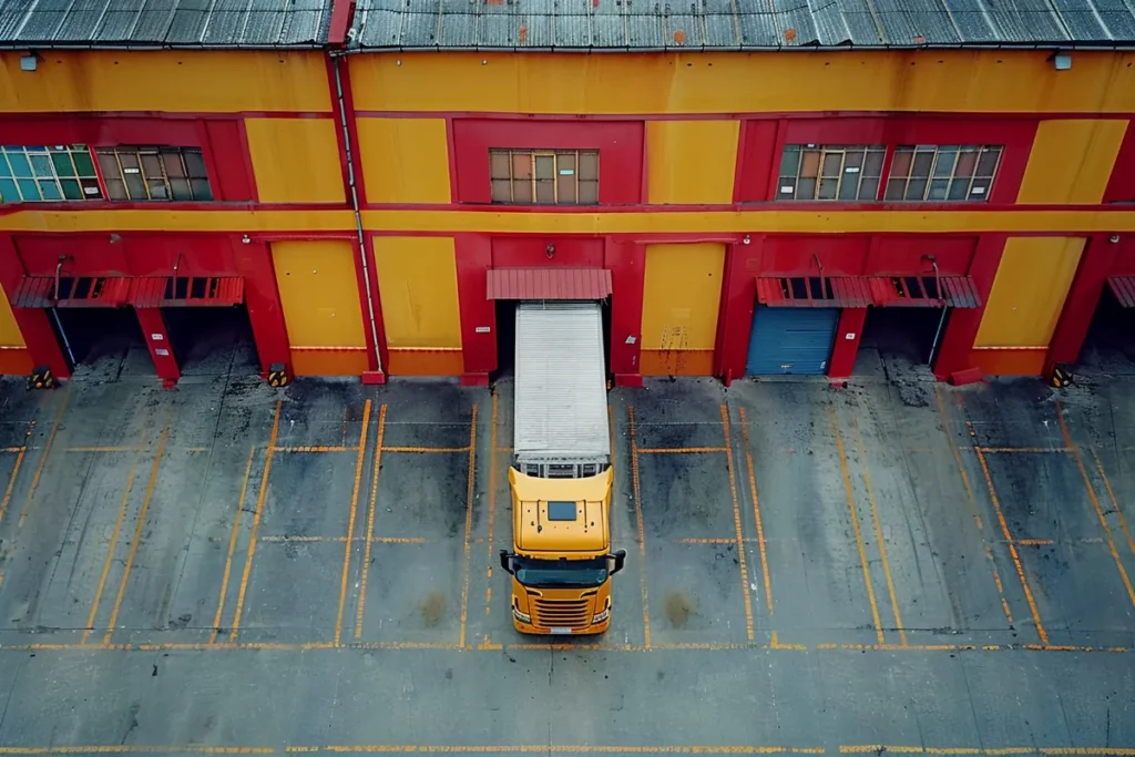 Caminhão amarelo estacionado em uma doca de carregamento de um grande armazém, visto de cima.