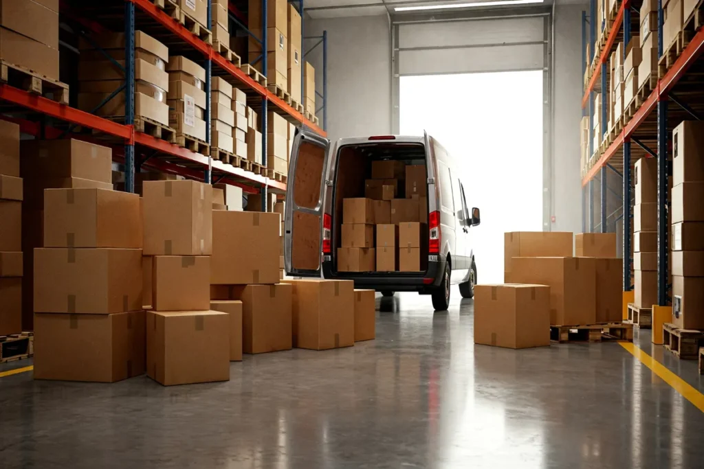 Van de entregas branca com as portas traseiras abertas, cercada por caixas de papelão dentro de um grande armazém.