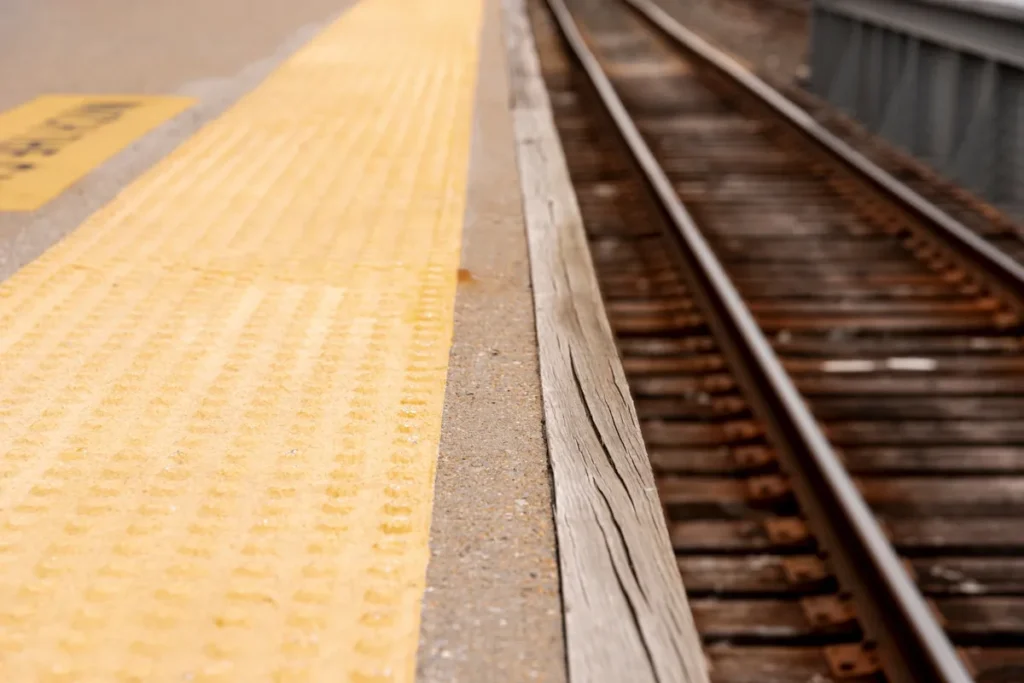 Visão em close-up de uma plataforma de estação de trem com piso tátil amarelo e os trilhos de madeira e metal ao lado, representando a malha ferroviária brasileira.