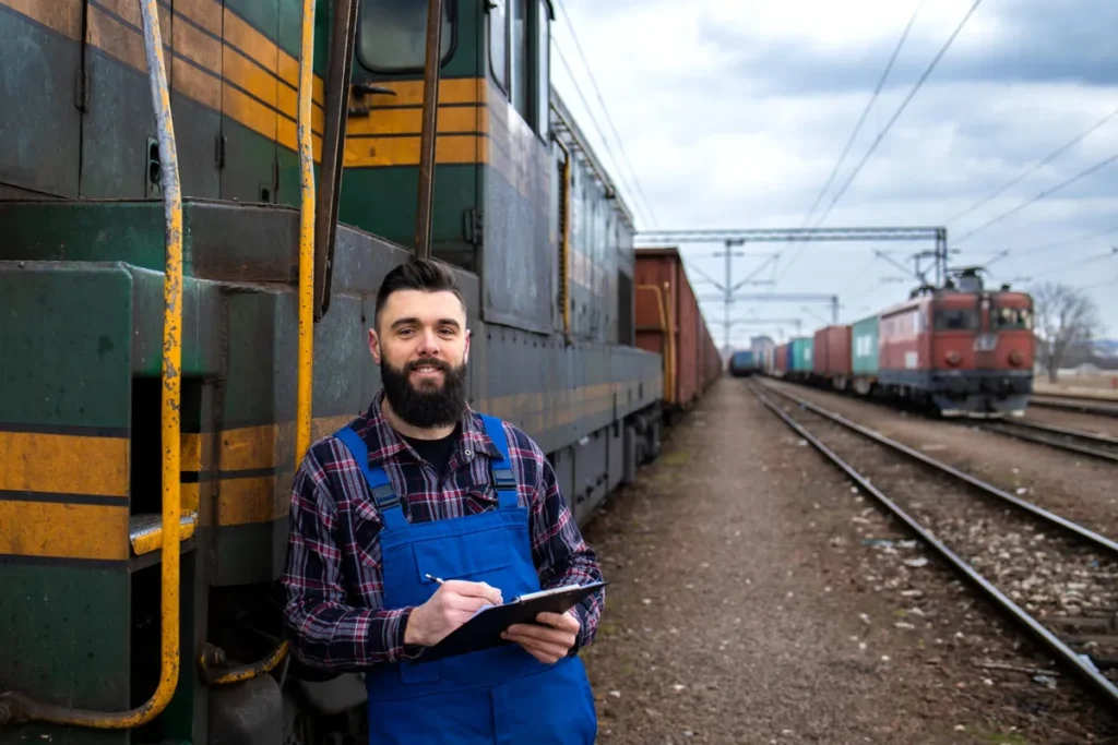 Homem com barba, vestido com macacão e camisa xadrez, segurando uma prancheta em uma estação de trens, representando o trabalho na malha ferroviária brasileira.