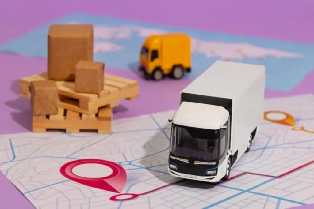 Caminhão de entrega em mapa com caixas e ícones de logística representando supply chain.