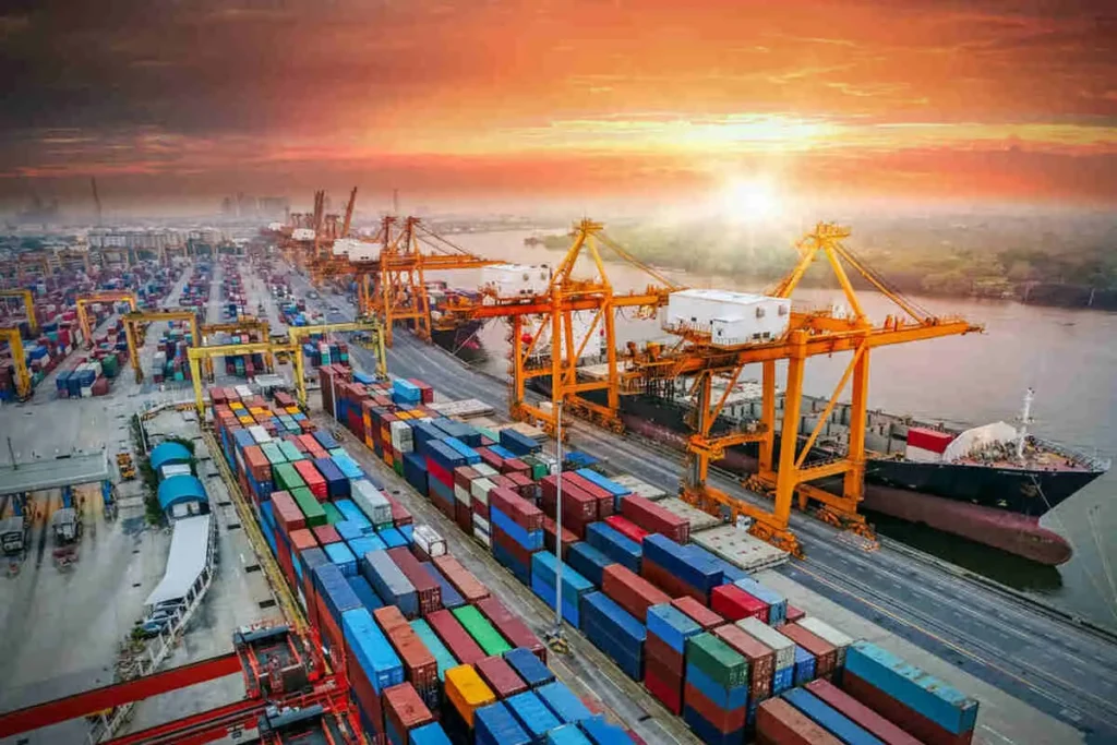 Porto marítimo com guindastes amarelos movimentando contêineres coloridos em navios cargueiros durante o pôr do sol.