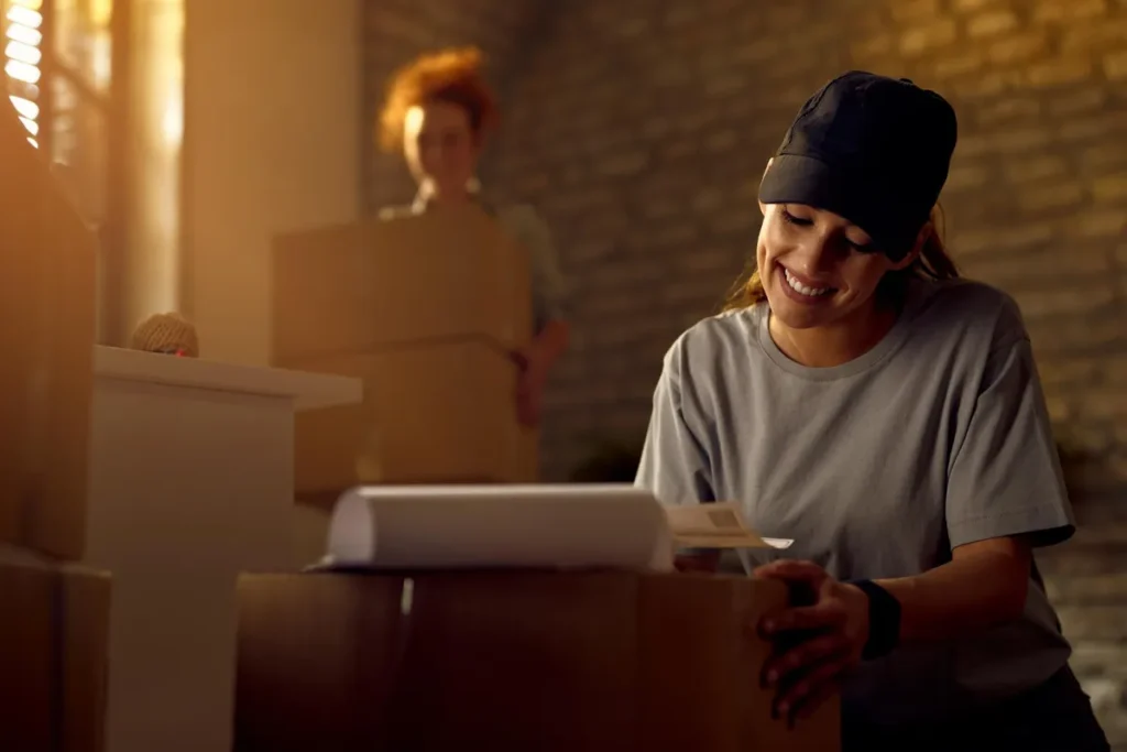 Mulher feliz embalando uma caixa de encomenda, representando o processamento de pedidos em um negócio de dropshipping.