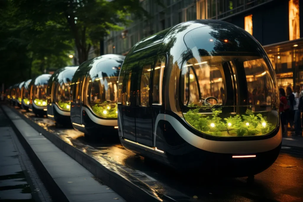 Trens futuristas e elegantes, com design em forma de casulo e jardins de plantas iluminadas em seu interior, estão enfileirados em uma rua urbana à noite, simbolizando o transporte sustentável do futuro.