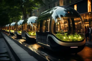 Trens futuristas e elegantes, com design em forma de casulo e jardins de plantas iluminadas em seu interior, estão enfileirados em uma rua urbana à noite, simbolizando o transporte sustentável do futuro.