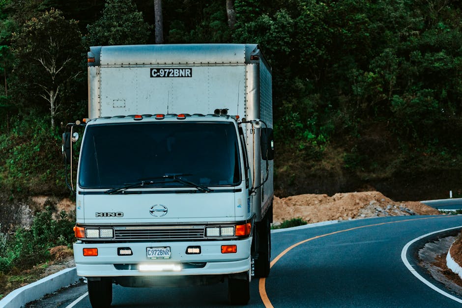 Caminhão baú em estrada interestadual cercada por vegetação tropical